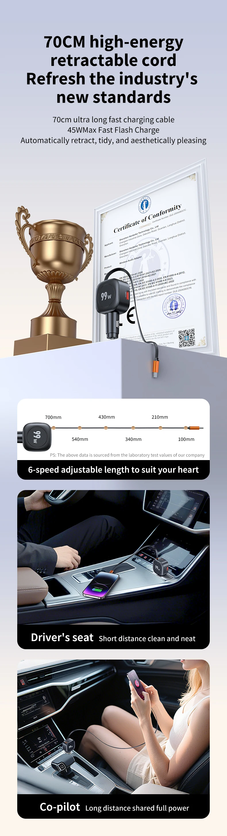 99 W einziehbares Autotelefon-Ladegerät USB C PD 45 W Schnellladung für iPhone 16 Pro Max, Samsung Galaxy S25 Ultra, Android – Detail 3