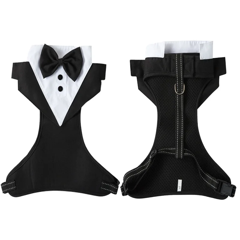 Gentleman Bowtie Tuxedo Pets Harness Vest Dog Chest Strap Clothes Small Dogs Puppy Formal Shirt Wedding Party Suit Costume