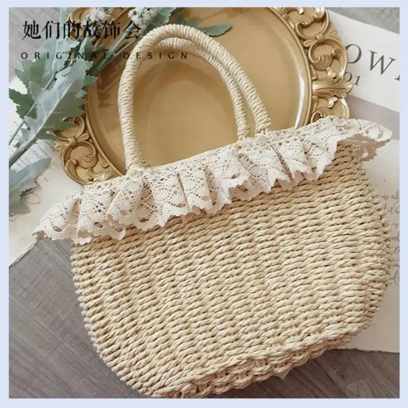 Lolita Strawberry Red Cute Woven Women 2025 Haruku Sweet Lace Chic Hand Female Vintage Straw Bag Handbag Сумка Женская