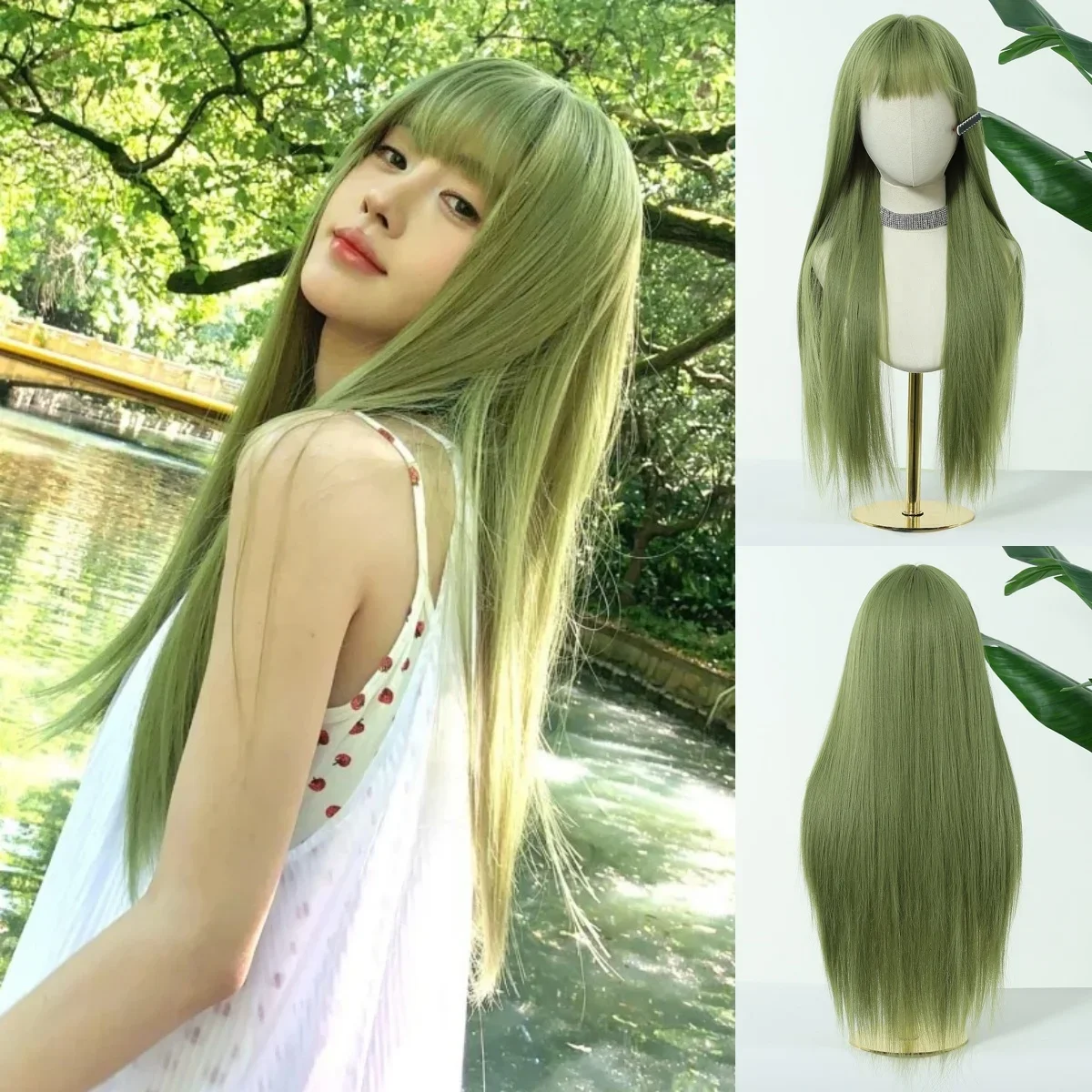 

Allbell Magique Mint Green Long Straight Synthetic Wig With Blunt Bangs Natural Look Green Cosplay Wig For Women Versatile Daily