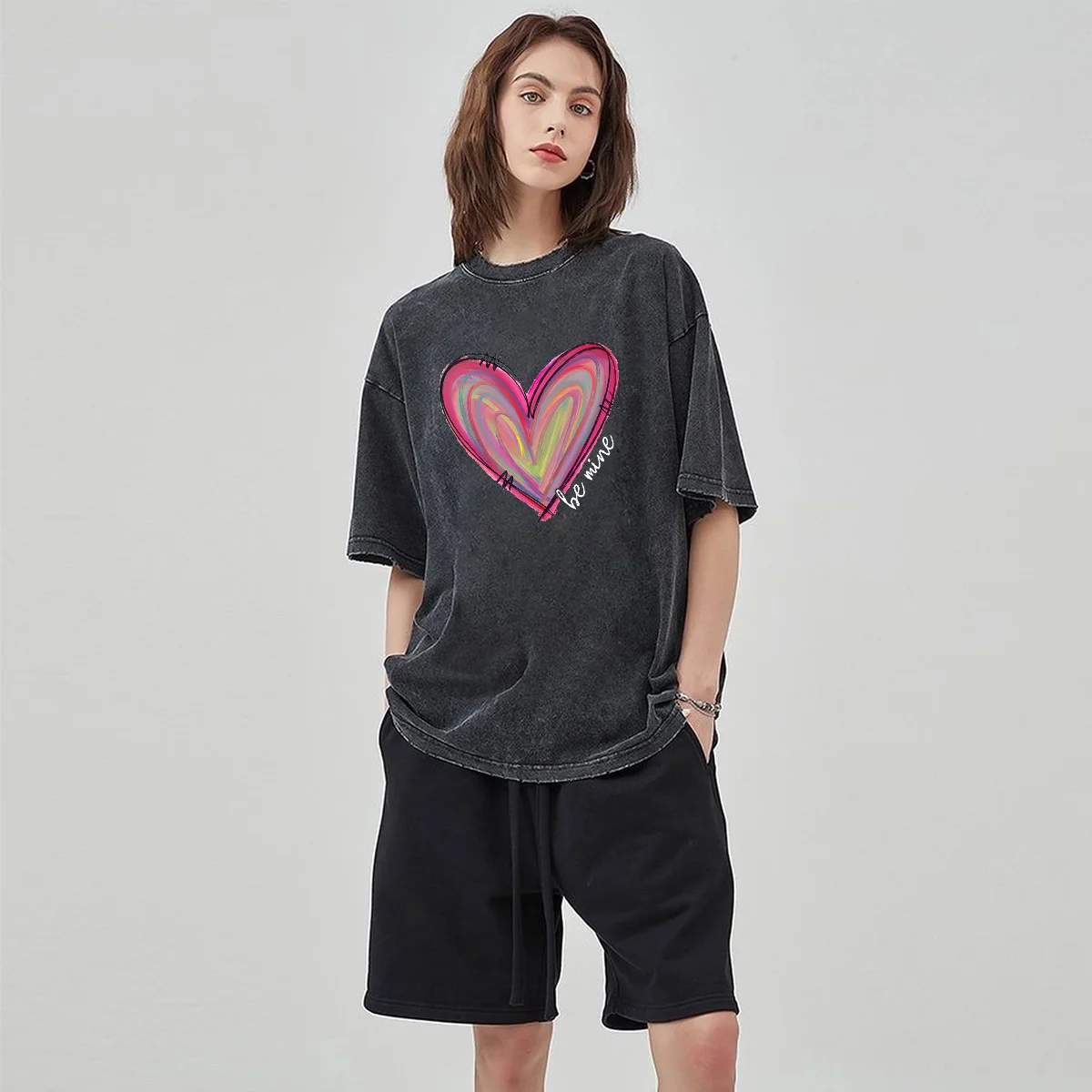 

Y2K Heart Print Women's T-Shirt Loose Crew Neck Short Sleeve Homosex Sweet and Cute Casual Top 2024 Summer New