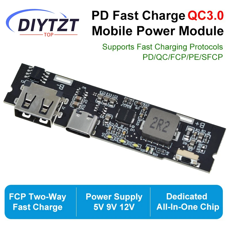 DIYTZT QC3.0 QC2.0 Dual USB 18W Type-C USB SW6106PD Snel opladen mobiele powerbank 18650 oplaadmodule met indicator