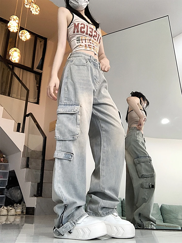 Damskie niebieskie dżinsy Cargo Harajuku 90s Streetwear Denim Trousers Y2k Jean Pants Vintage Japanese 2000s Style Trashy Clothes 2024