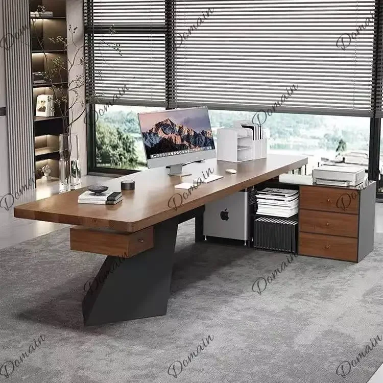 sBc Simple Modern Solid Wood Desk with Side Cabinet Executive Office Table Industrial Computer Desk