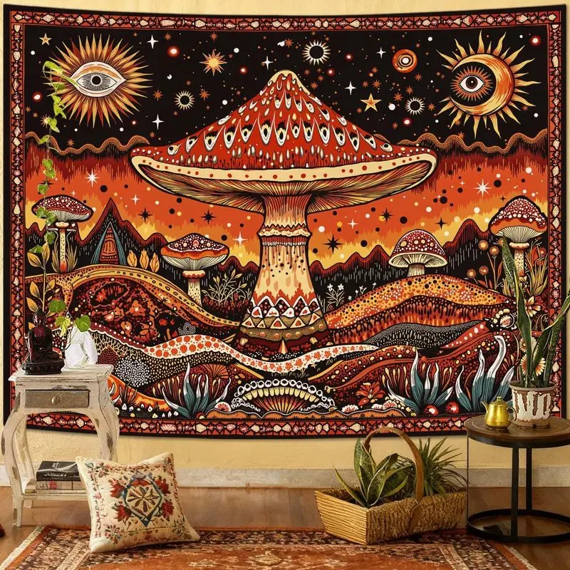 VIKAMA Psychedelic Mushroom Wall Hanging Red Black Bohemian Trippy Art, Eye Sun Stars Pattern for College Dorm Room Decor