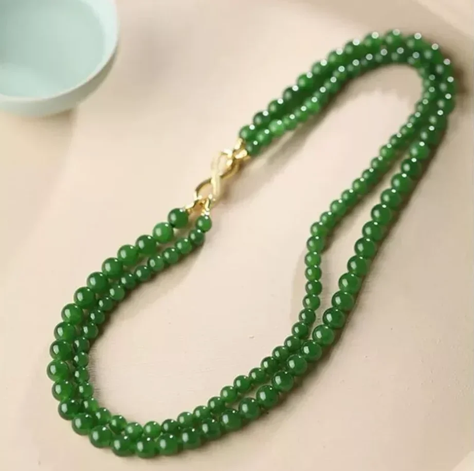 

Fine Jewelry Necklace 2Rows 6mm/8mm Green Jade Round Gemstone Beads Necklace 17"-19"