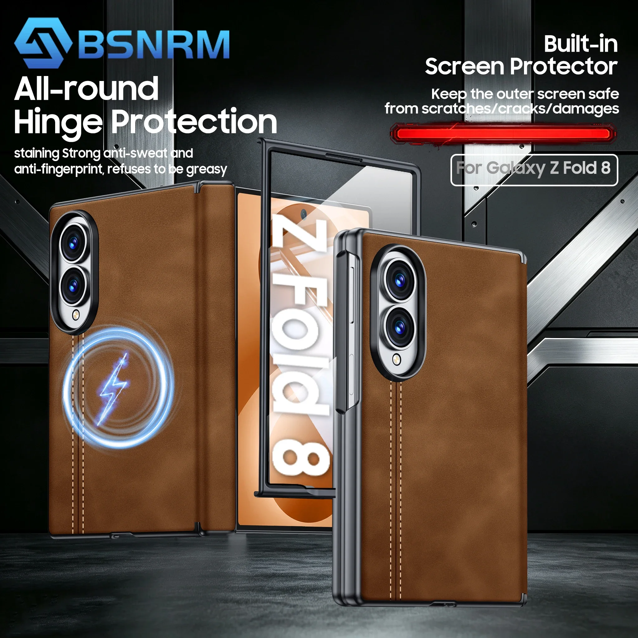 for Samsung Galaxy Z Fold 8 Case, with Leather,Screen Protector,Hinge Protection,Wireless Charging,Shockproof Phone Case-Brown