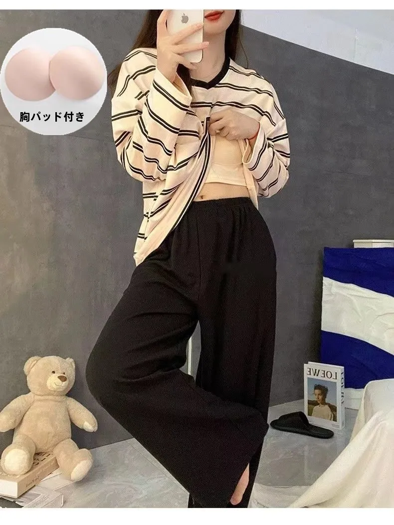 With Chest Pad Pajamas Women Spring and Autumn Black Stripe Students Long sleeve Set Winter Loose Plus size Outer Wear Homewear