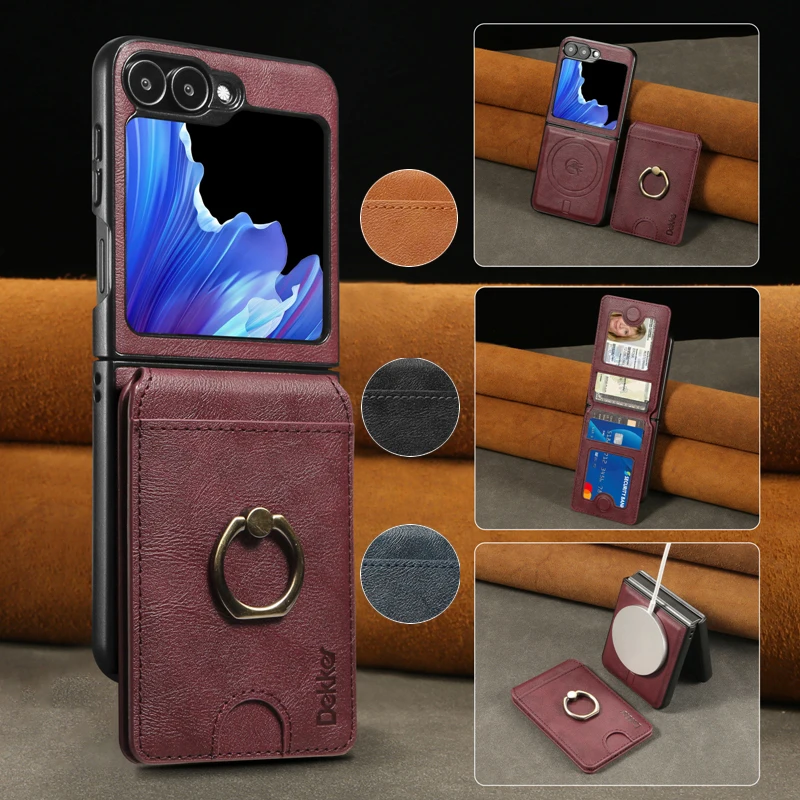 

Fashion Magnetic Phone Case For Samsung Galaxy Z Flip 6/Z Flip 5/Z Flip 4 With Solid Color Leather Detachable Bracket Card Cover