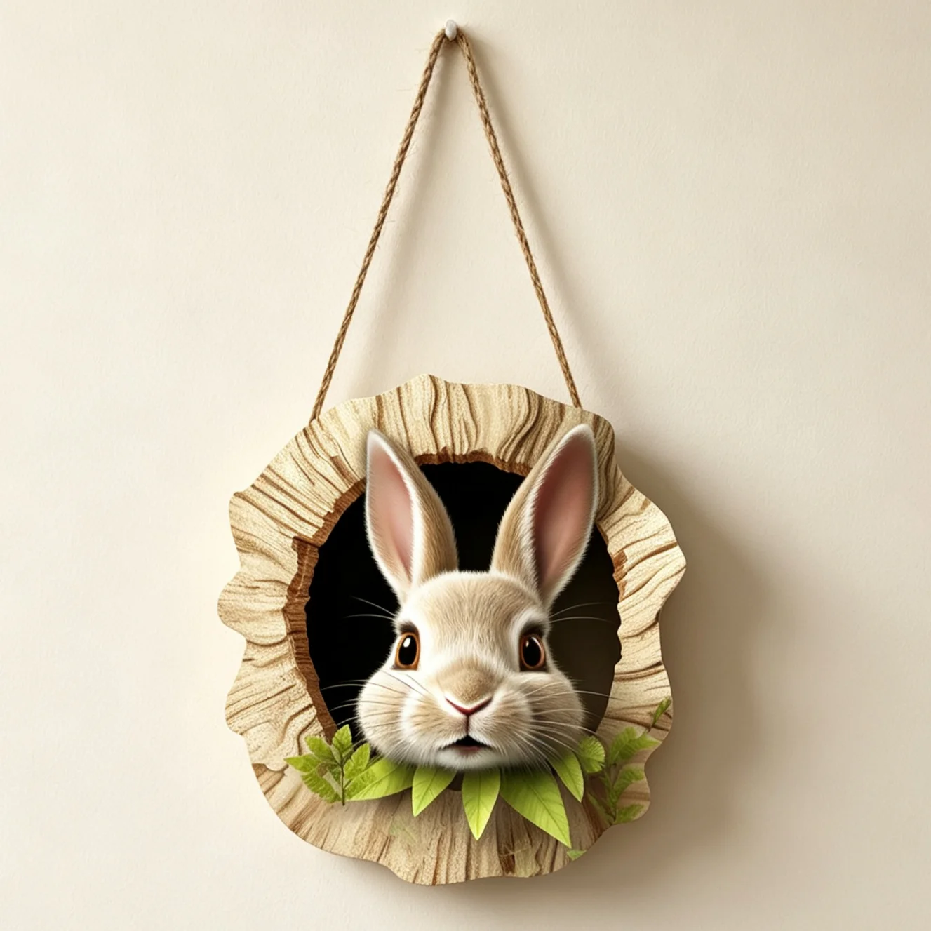 Easter Tree Hole Rabbit Wooden Hanging Sign, Vintage Bunny Face Wall Hanging Decor, 2D Printed Poplar Plywood Ornament for Front Door, 5mm Thickness
