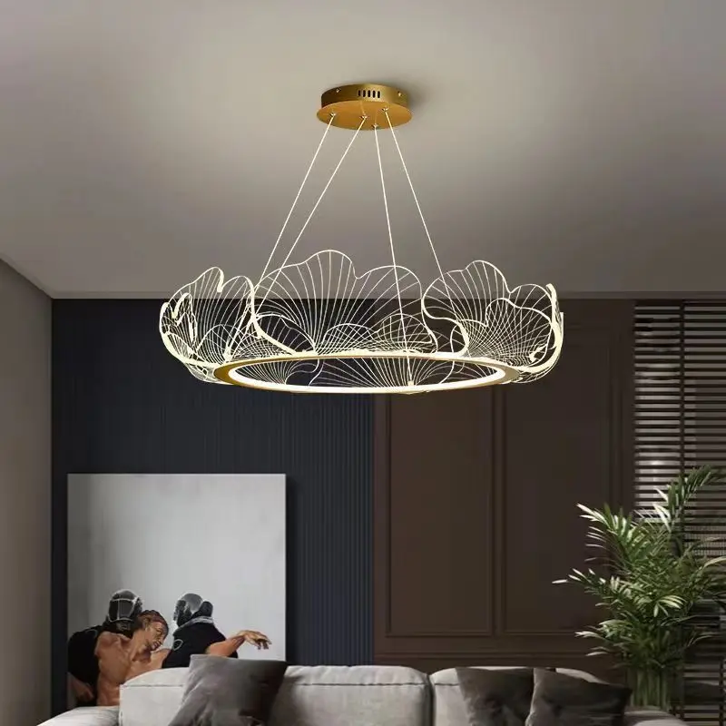 Nowoczesne LED Lotus Leaf żyrandol podsufitowy pierścień akrylowy wisiorek światło do salonu jadalnia Home Deco wiszące lampy lustre oprawa