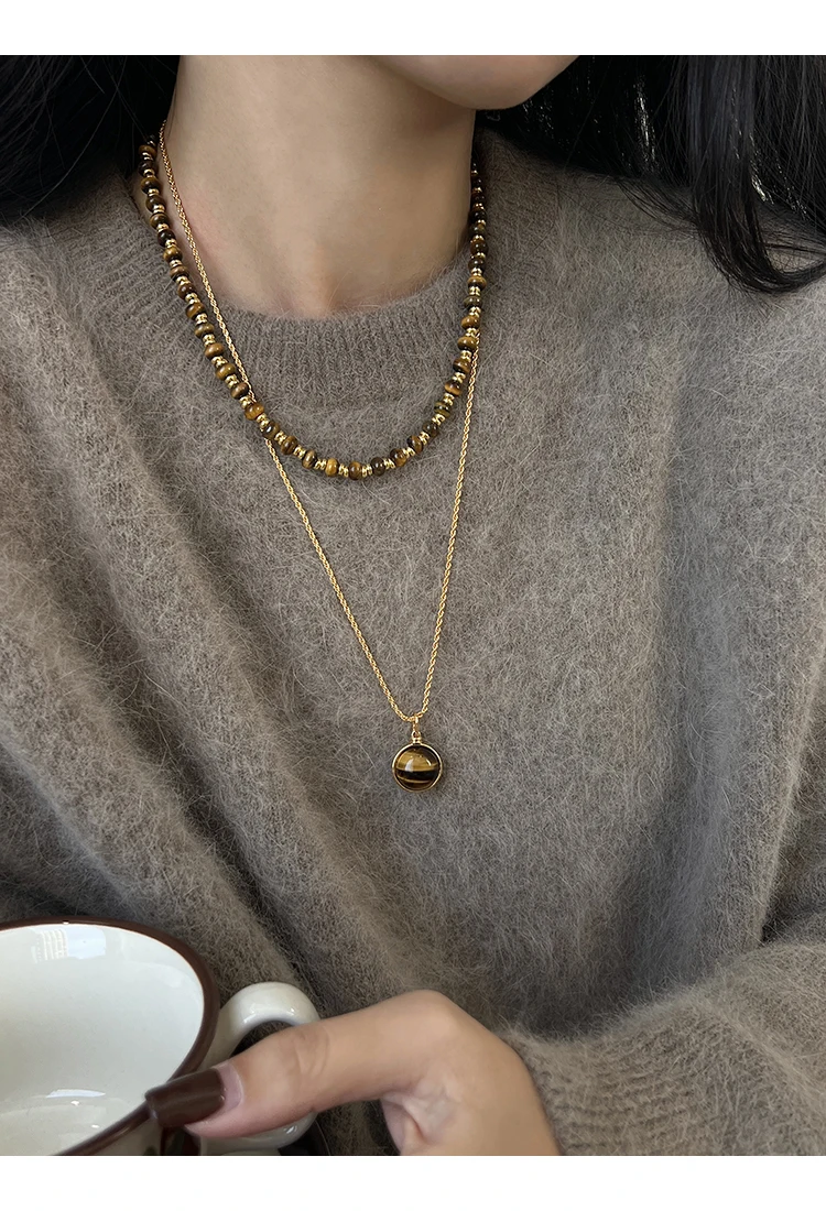 Wu LingZhi-Tiger Eye Stone Necklace for Women, Top Quality Pendant Necklaces, Long Sweater, Neck Chain, Female Vintage, New