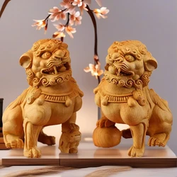 Wood Carving Chinese Forbidden City Lion Statuette , Chinese Characteristics God Beast Animal  Home Room Office Feng Shui Statue