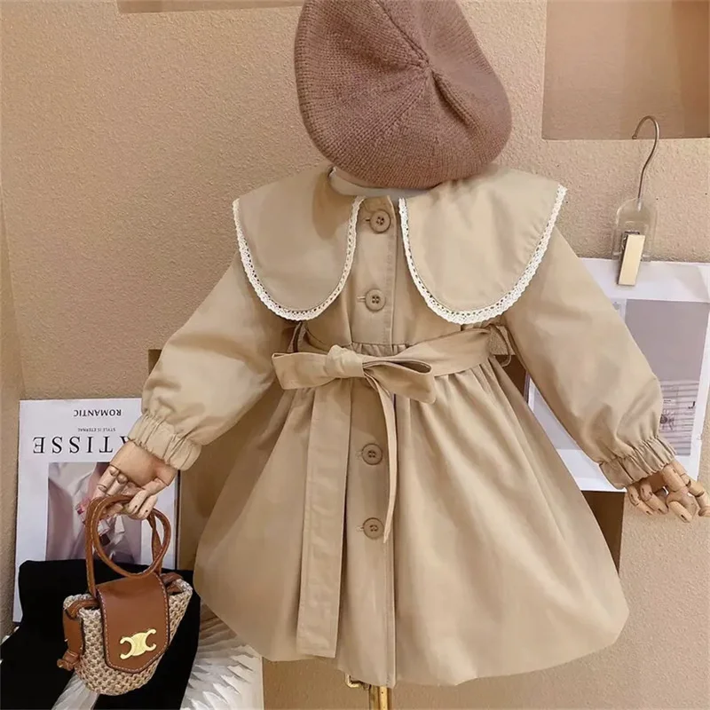 Girls Khaki Fashion Jackets Kids Cute Long Trench Coats Children Windbreaker Turndown Collar Outerwear Infant Casual Clothing