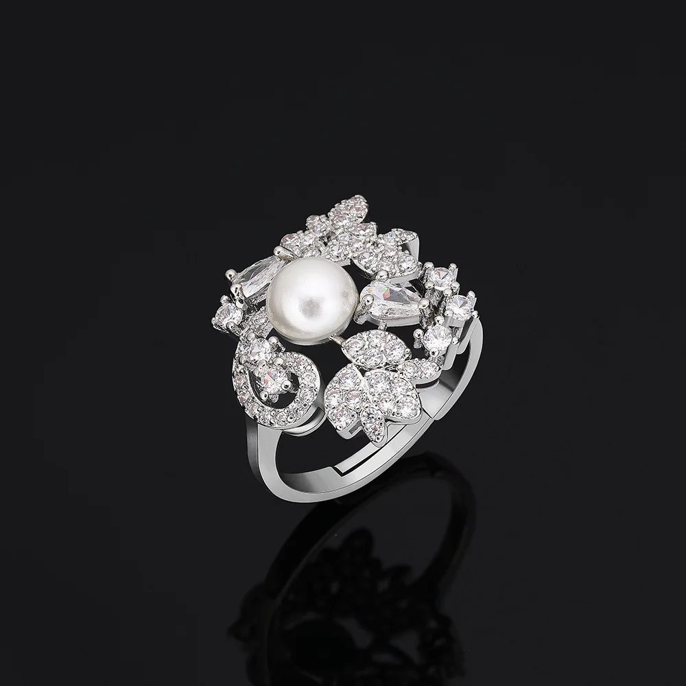 Vintage Women 4Pcs Bridal Jewelry Set Paved Cubic Zirconia Imitation Pearl Necklace Earrings Bracelet For Wedding Christmas Gift