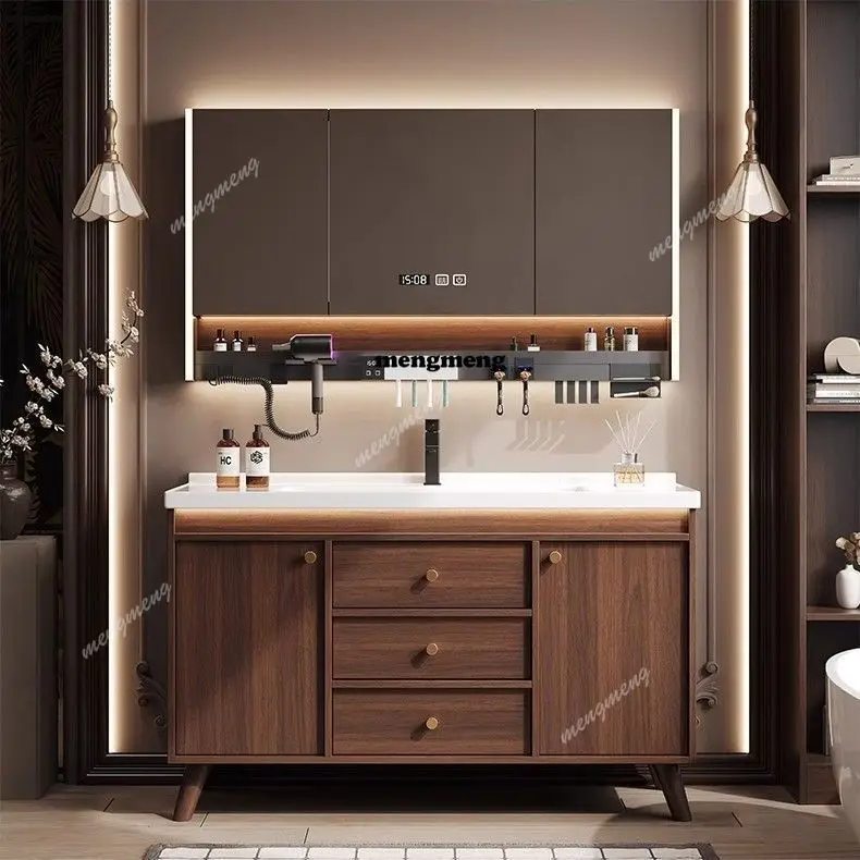 Walnut bathroom cabinet combination ceramic integrated basin floor-to-ceiling toilet hand wash basin
