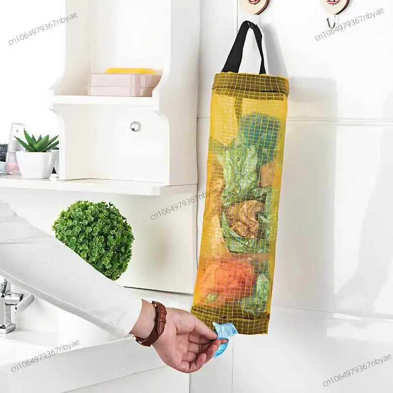 Household Kitchen Plastic Bag Storage Bags Wall-Mounted Garbage Bag Storage Bag Mesh Gray Storage Pocket Organizer