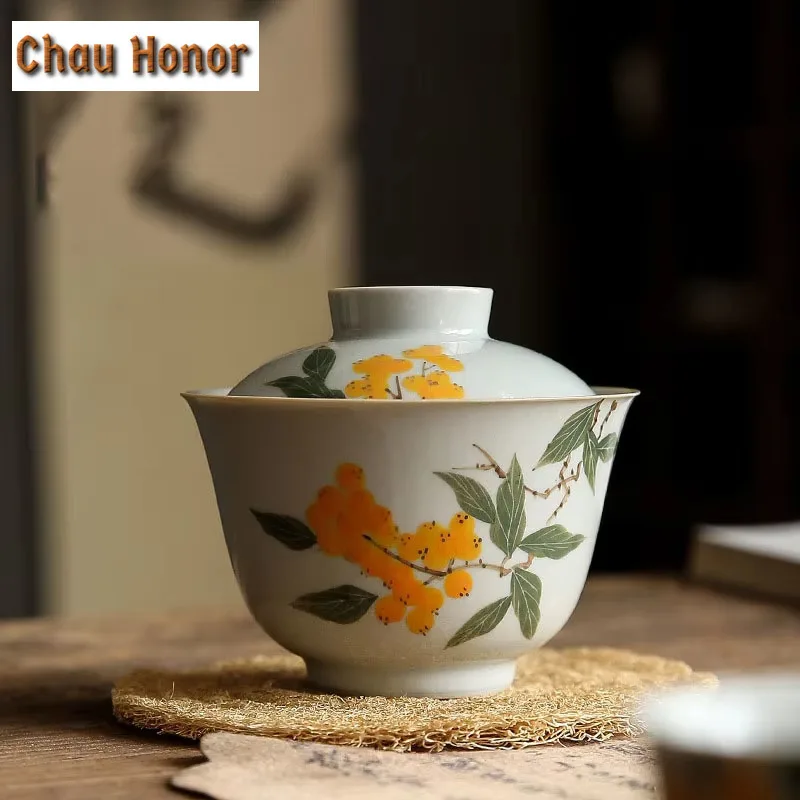 150ml Japanese Style Underglaze Color Hand-painted Loquat Cover Bowl Ceramic Tea Cup Kung Fu Tea Set Tea Bowl Tea Ceremony Gift