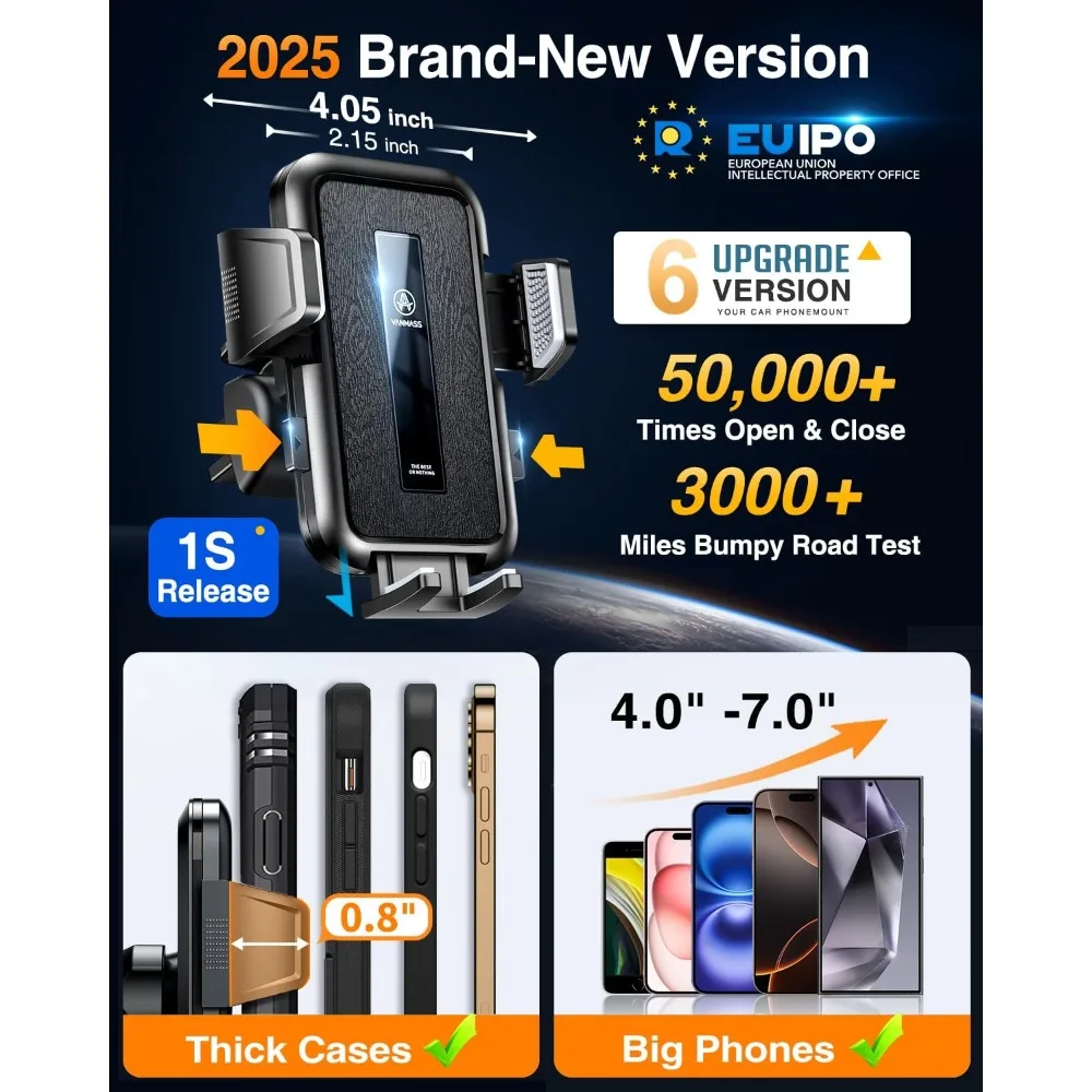 حامل هاتف السيارة المحدث لعام 2025، [85+LBS أقوى شفط] حاصل على براءة اختراع آمنة للهاتف الخلوي على الزجاج الأمامي ولوحة القيادة وفتحة تهوية للشاحنة
