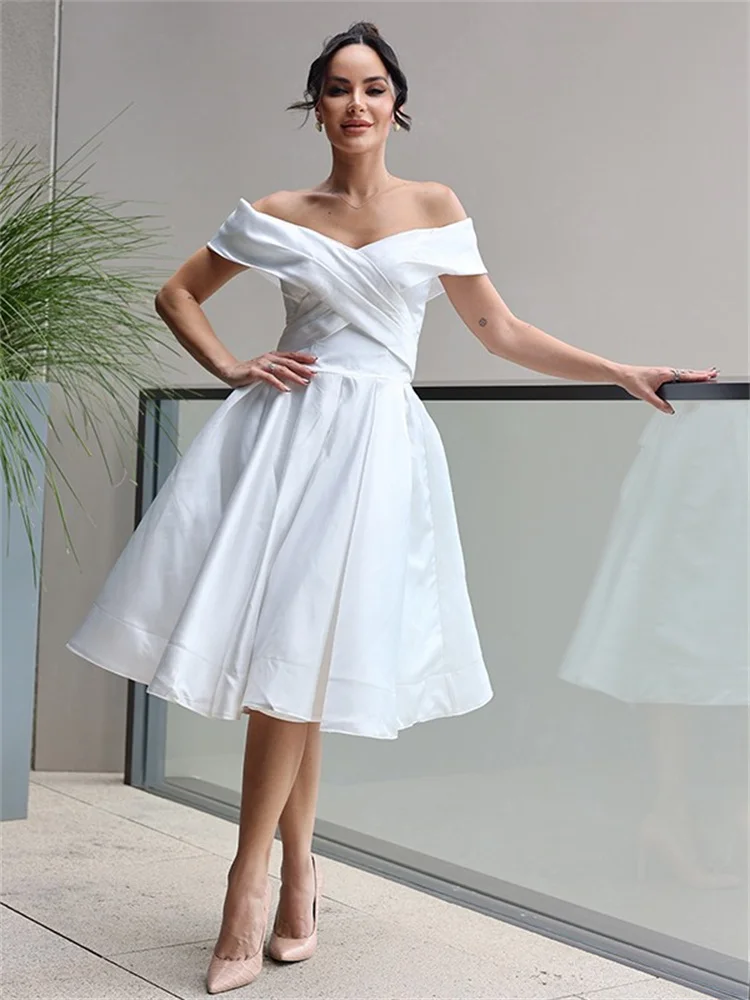 Simple Short Wedding Dress 2024 A Line Off Shoulder Satin Bridal Gown Pleated V Neck vestidos novias boda