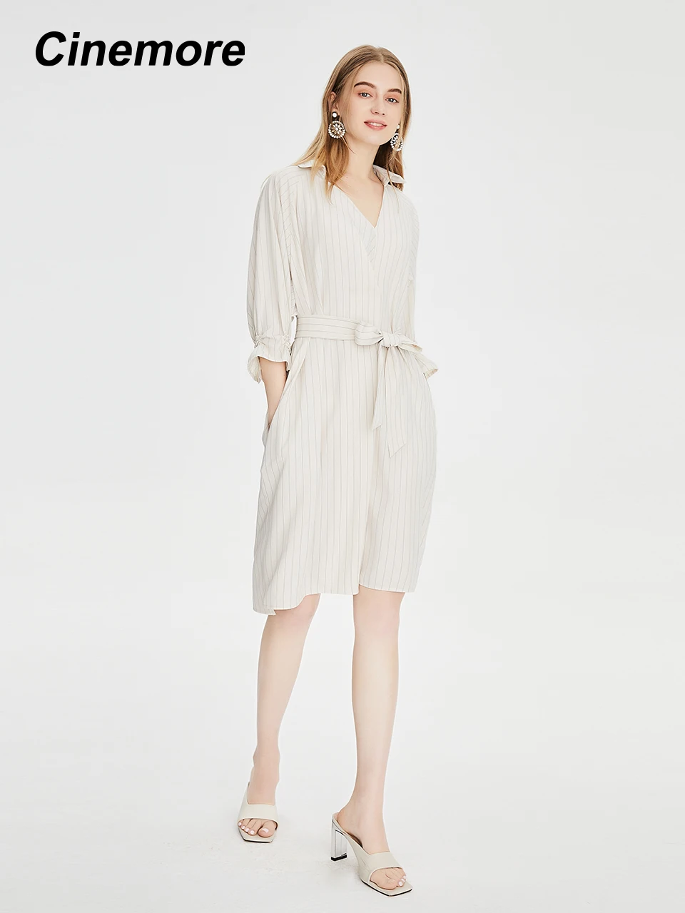 Cinemore New Summer Dress Women Office Lady Long Sleeve V Neck Belt Shirt Dress fashion Sexy Elegant Stripe Dresses Q92263