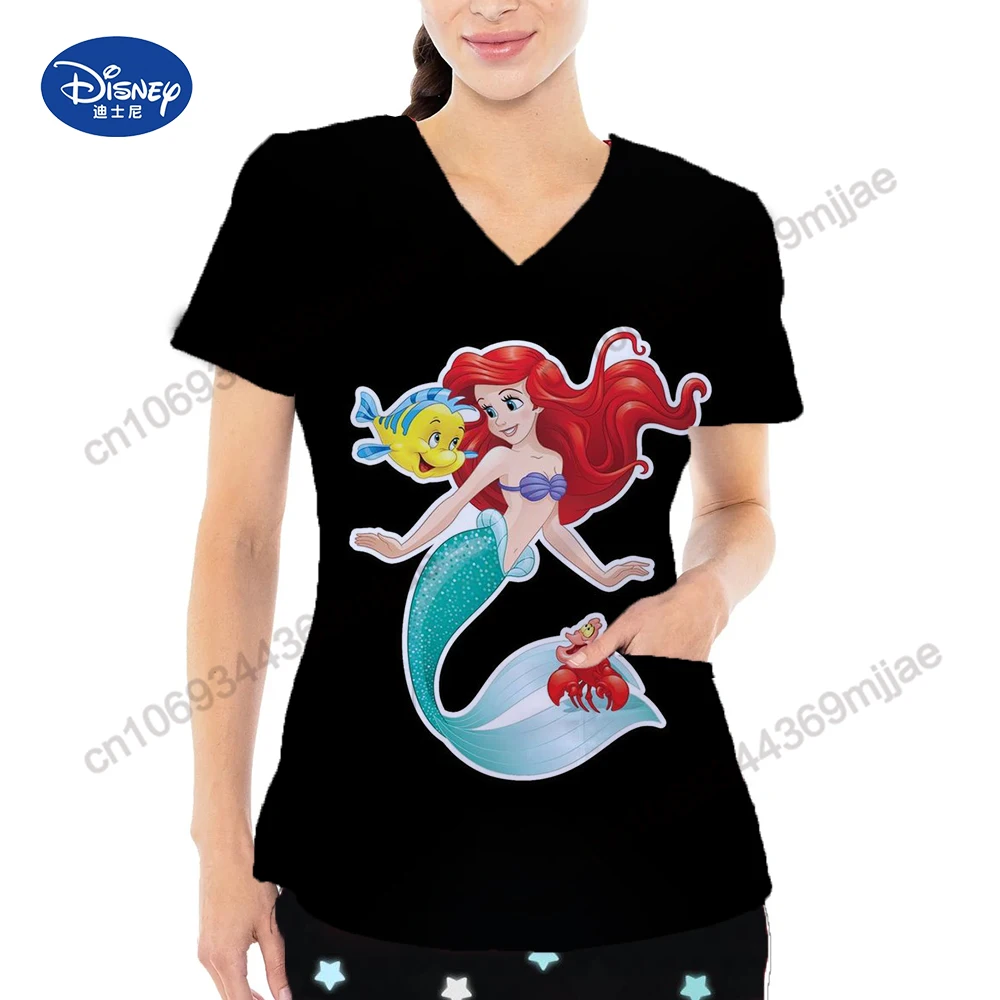 Summer New Beautiful Disney Princess Cartoon Pattern Printed Comfortable Women\'s T-shirt  Casual Nurse Uniform Y2k Style Top