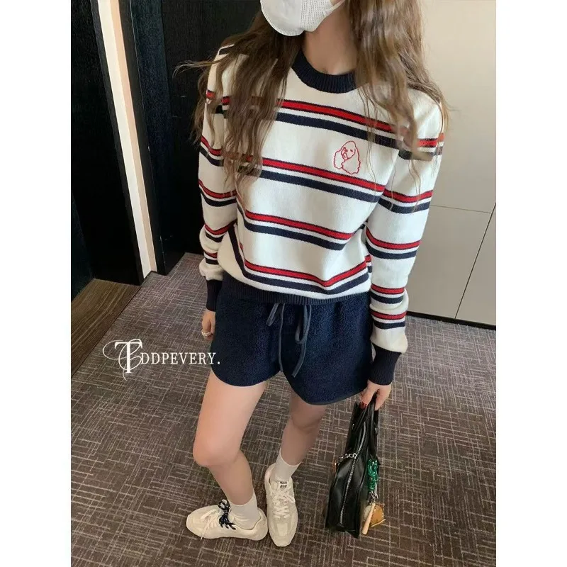 

Retro Contrast Striped Sweater Loose Cardigan Sweater Jacket Women's Autumn and Winter Long-sleeved Top