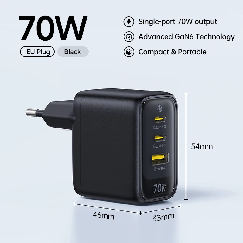 Baseus 70W Schnell-Ladegerät Typ C USB-Ladegerät Unterstützt QC PD PPS 65W Tragbares Ladegerät für iPhone 17 16 15 Macbook Air Laptop-Ladegerät