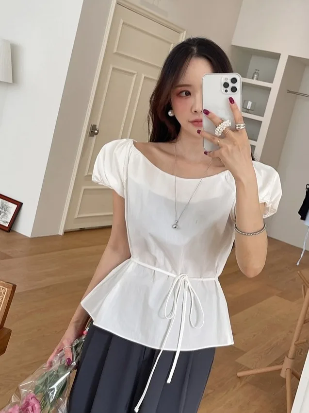 

White Bubble Sve irt Women's Korean Sle Summer Sweet Gentle Ba Split Belt Waist Inward Top Commute Sle ort Sve