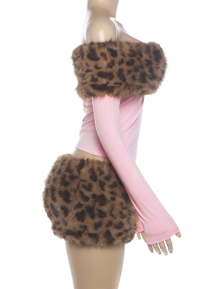 Nibber 2-teiliges Set für Damen, Leopardenmuster, pelziges Patchwork, Slash-Ausschnitt, volle Ärmel, T-Shirts + Miniröcke mit Strass-Dekoration, modische Anzüge – Detail 4