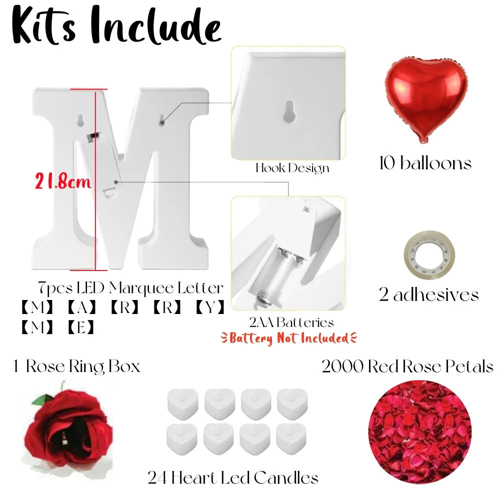 Proposal Decorations Kit Marry Me Light Up Letters 2000 Rose Petals 24 Flameless Candles for Valentine Day Proposal  Engagement