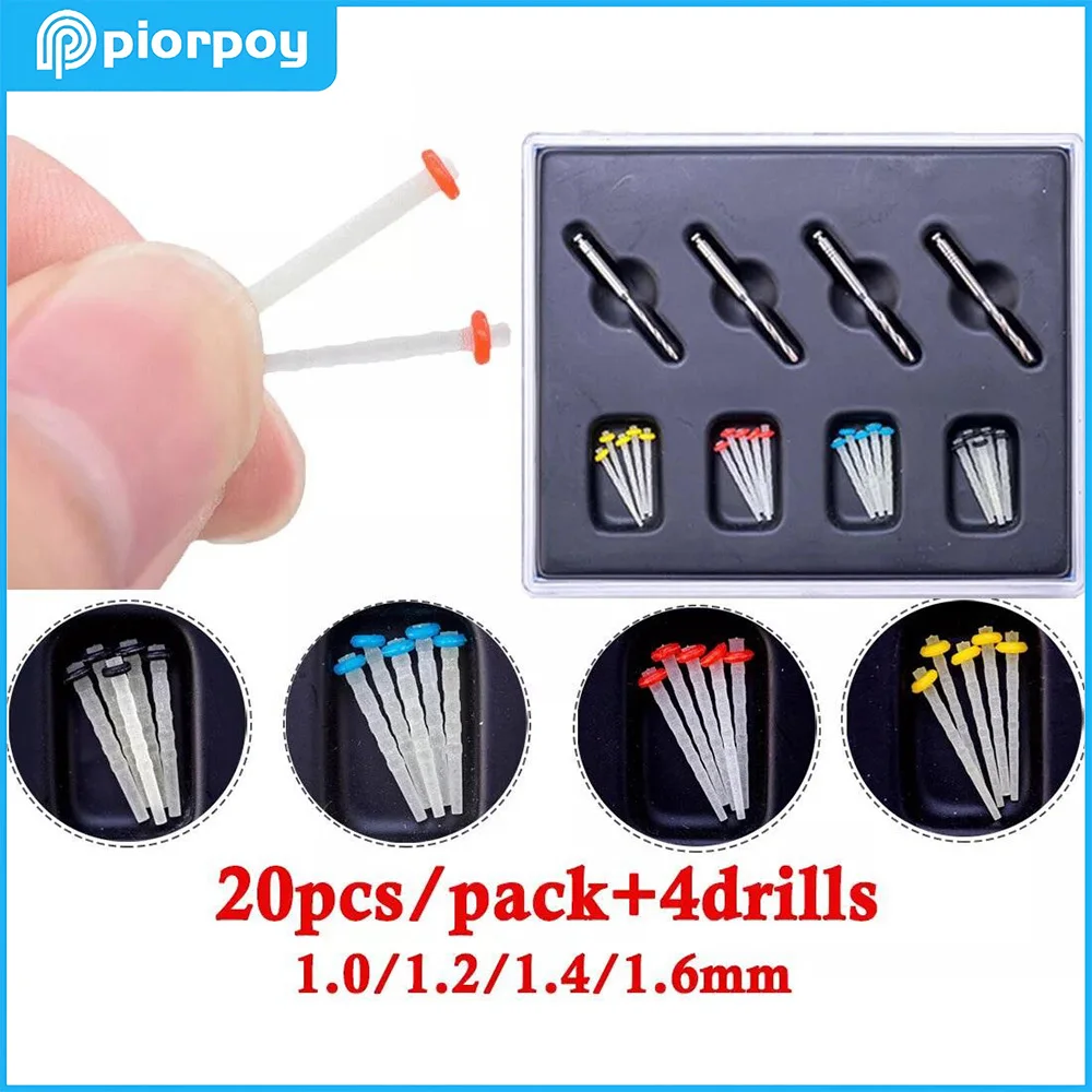 PIORPOY Dental Fiber Posts Kit Dental Fibre Pile Thread Fiber Post 1.2/1.4/1.6/1.8mm 20 Posts+4 Dentistry Root Canal Drills
