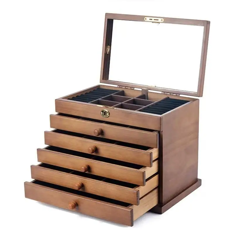 Hot selling luxury vintage wooden jewelry storage box, 4-layer solid wood storage box, square patterned gift