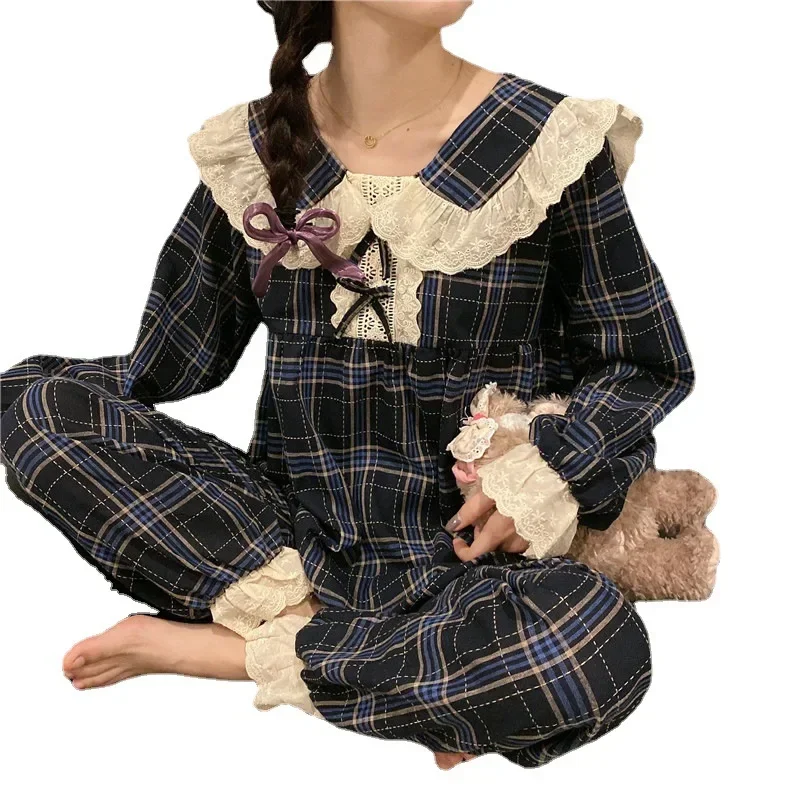 ฤดูใบไม้ผลิและฤดูใบไม้ร่วงใหม่สุภาพสตรีหวานสไตล์วิทยาลัยชุดนอน Homewear ชุดนักเรียนหญิงแขนยาวยาวกางเกงชุดนอน Homewear