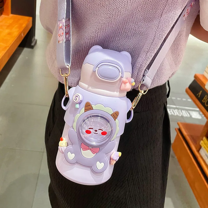 500ml Cute 3D Bear Rabbit Kids Insulated Water Bottle with Straw, Portable Stainless Steel Thermos with Strap view 2