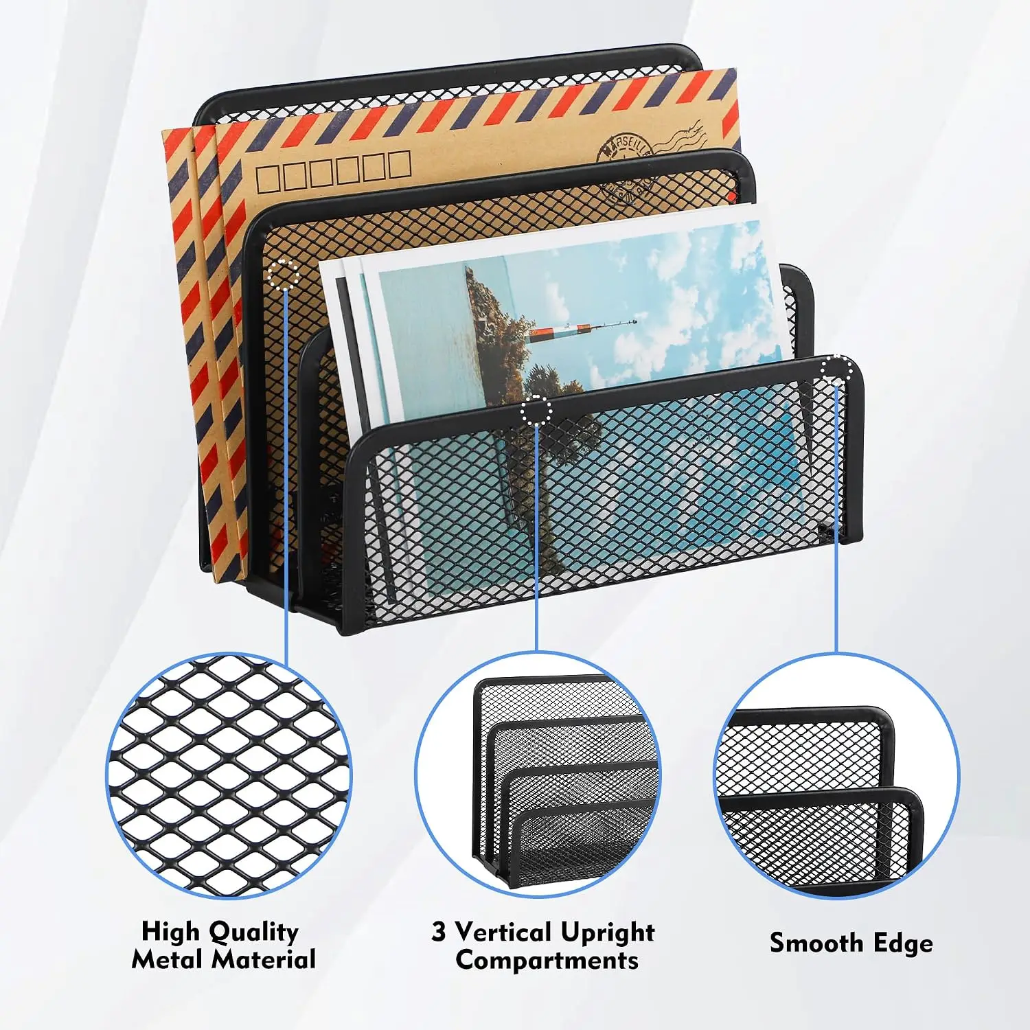 Desk Mail Organizer, 2 Pack, Metal Mesh, 3 Vertical Compartments, Black, Office Paper Sorter view 3