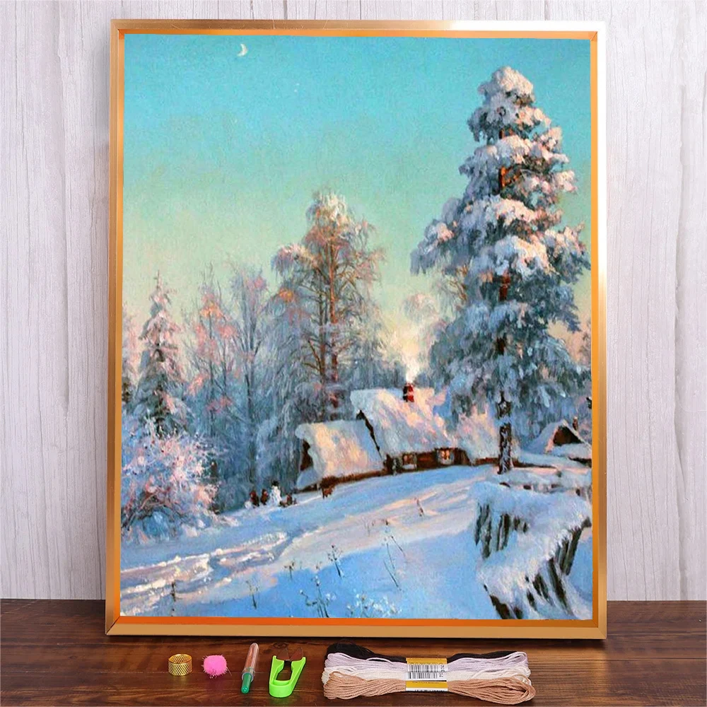 

Snow Landscape Cross Stitch DIY Full Pattern Embroidery Kit Living Room Scenery Decorative 11CT Printed Cloth Needlework Set