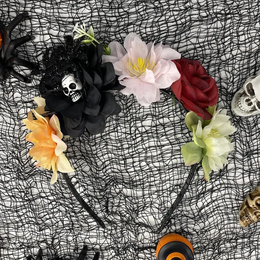 Scalp-friendly Headband Halloween Skull Flower Headband with Simulation Rose for Women Lightweight Dark Style Hair for Cosplay