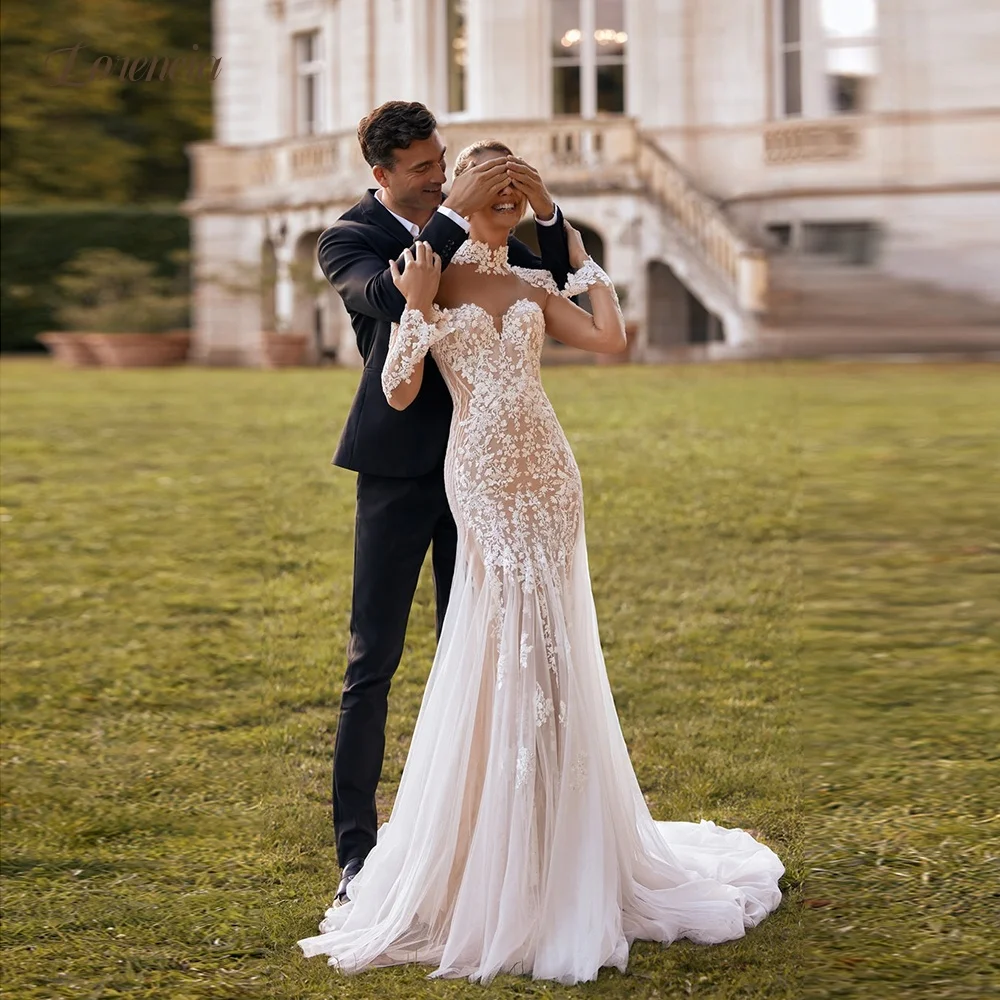 Lorencia Long Sleeves Lace Mermaid Wedding Dresses High Neck Illusion Back Trumpet Bridal Gowns Customized Fitted Bride Dress