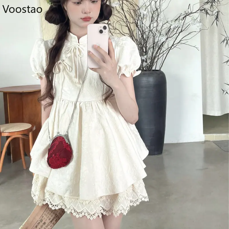 Chinese Style Kawaii Two Piece Set Women Sweet Floral Print Puff Sleeve Blouses ＋ Lace Lolita Cake Skirt Suit Female Skirts Set