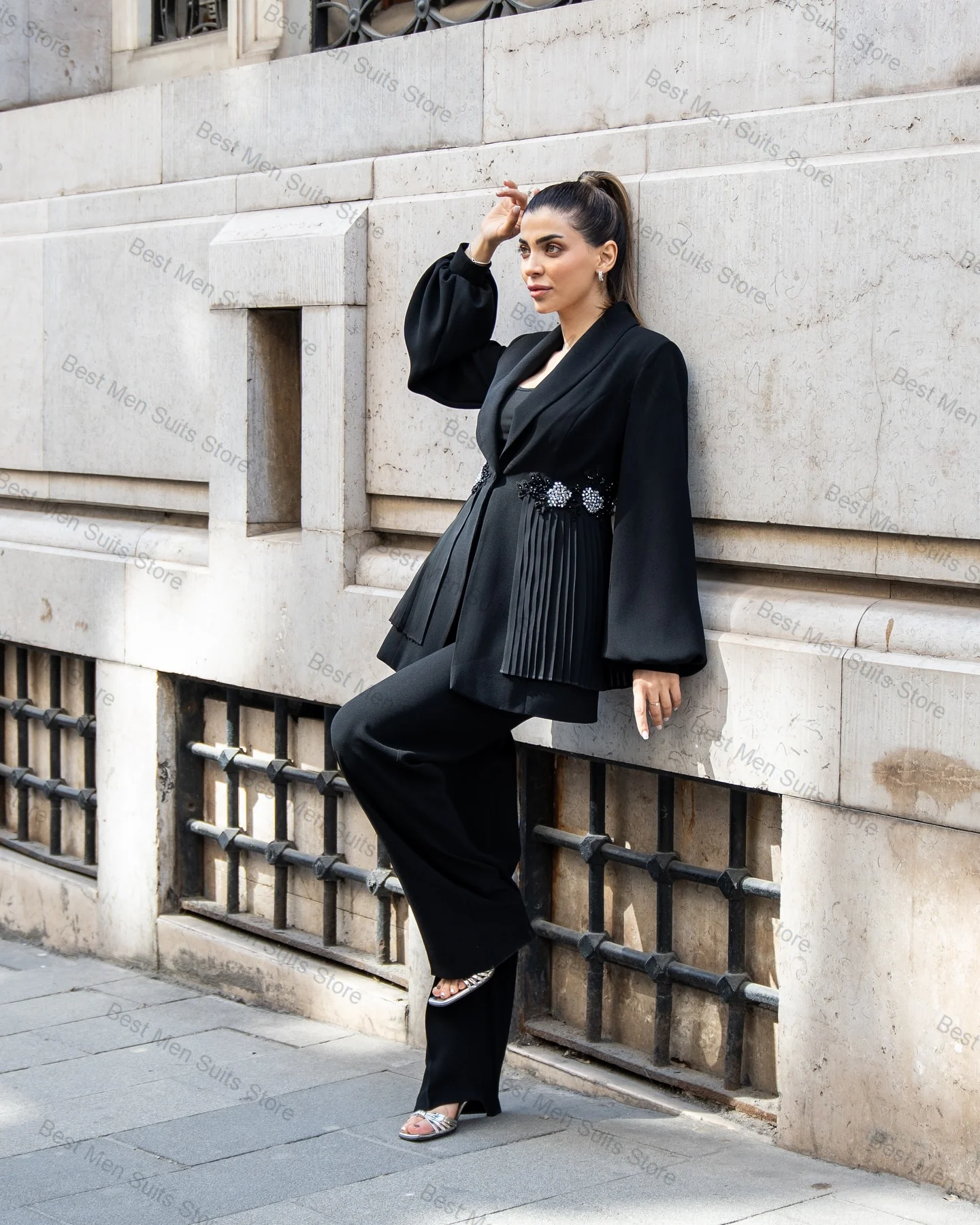 

Black Crystals Women Suit Set 2 Pcs Blazer+Pants Trousers Ruffles Hem Coat Formal Office Jacket Customized Wedding Guest Trouser