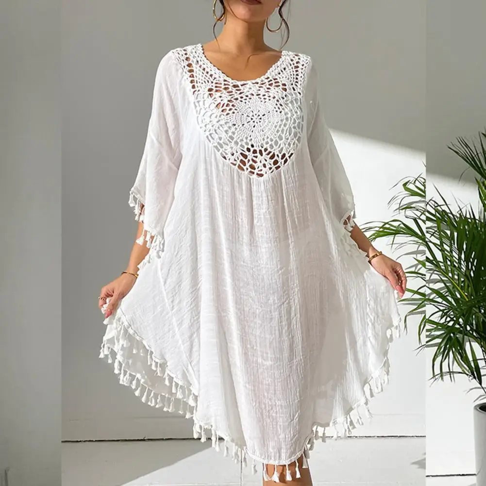 

Women Beach Bikini Cover Up Half Sleeve Fringed Hollow Design Loose Fit Swimsuit Dress Solid Color Loose Fit Cover Up Dress