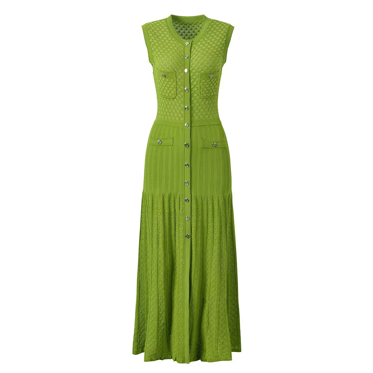 

Summer New Fashionable Temperament Commuting Single Breasted Round Neck Sleeveless Slim Fit Hollow Out Lady Long Knitted Dress