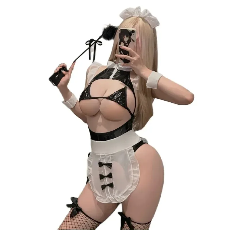 

Аниме горничная, косплей, сексуальное женское белье для женщин, Babydoll, искусственная латексная кожа, ажурный бюстгальтер, юбка с вырезами, комплект, французский фартук, наряд