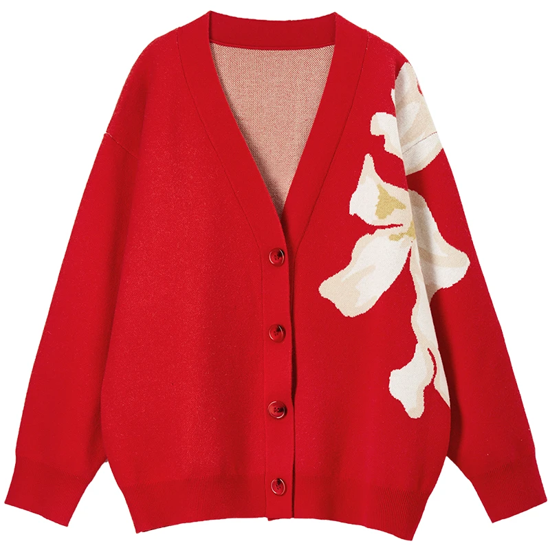 เสื้อคาร์ดิแกนถัก SENTUBILA สำหรับผู้หญิง คอวีหลวมๆ ลายแจ็คการ์ด แขนยาว แฟชั่นฤดูใบไม้ร่วง 2025 เสื้อผ้าลำลองสำหรับผู้หญิง W51H58098