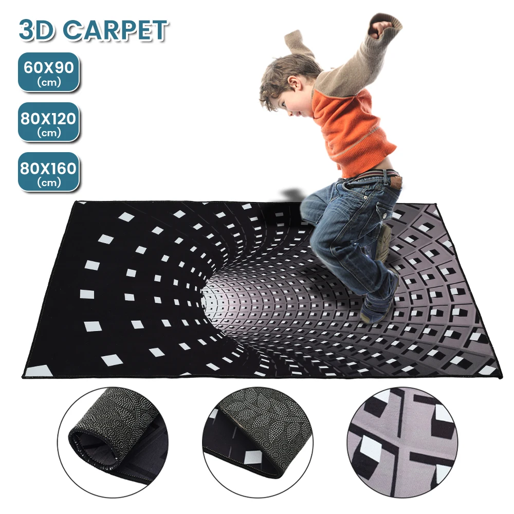 3D Illusion Rectangle Floor Rug Non-slip Washable Indoor Carpet Modern Wear-resistant Floor Mat Pad Home Decoration for Living