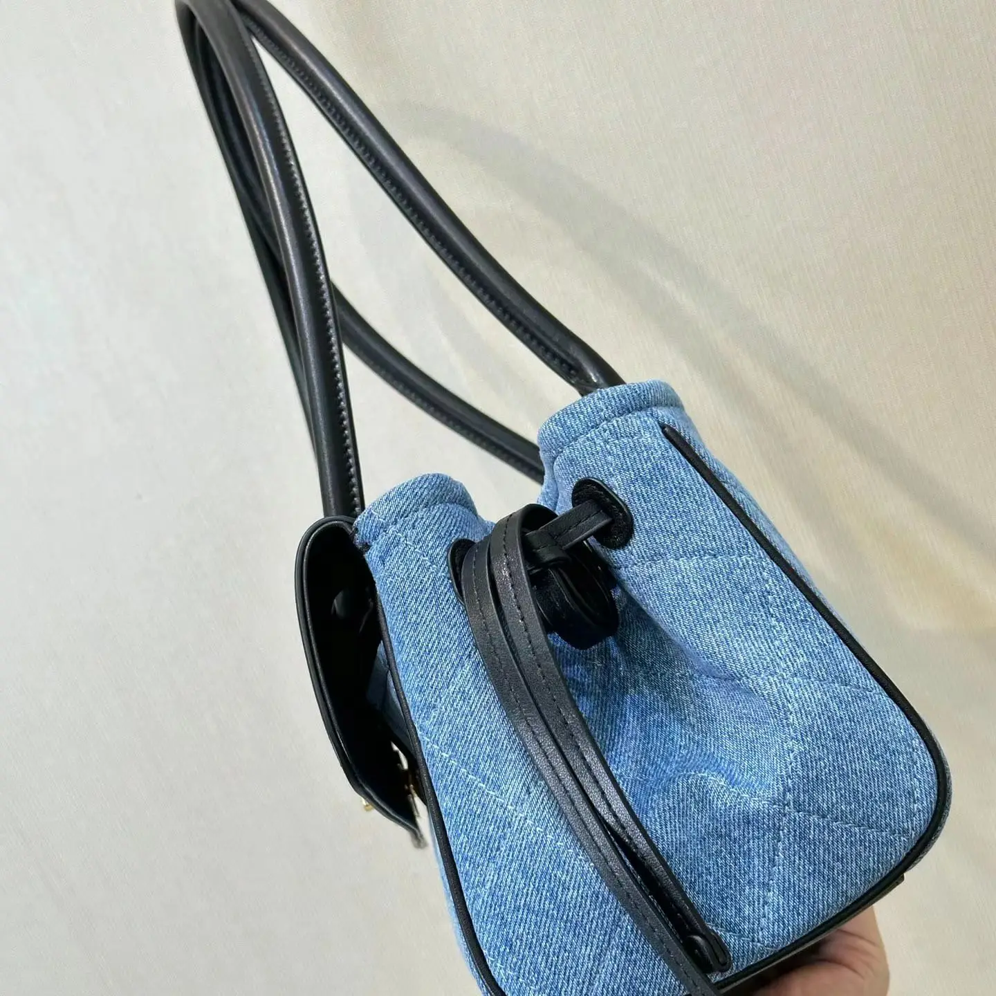 Women Denim Quilted Bucket Handbag Drawstring Closure Contrast Leather TopHandle Purse Mini Shoulder Crossbody Bag