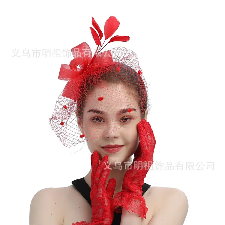 Girls Feather Weddings Sets Solid Color Yarns Hat Headwear Fascinators Hat Hair Ornament