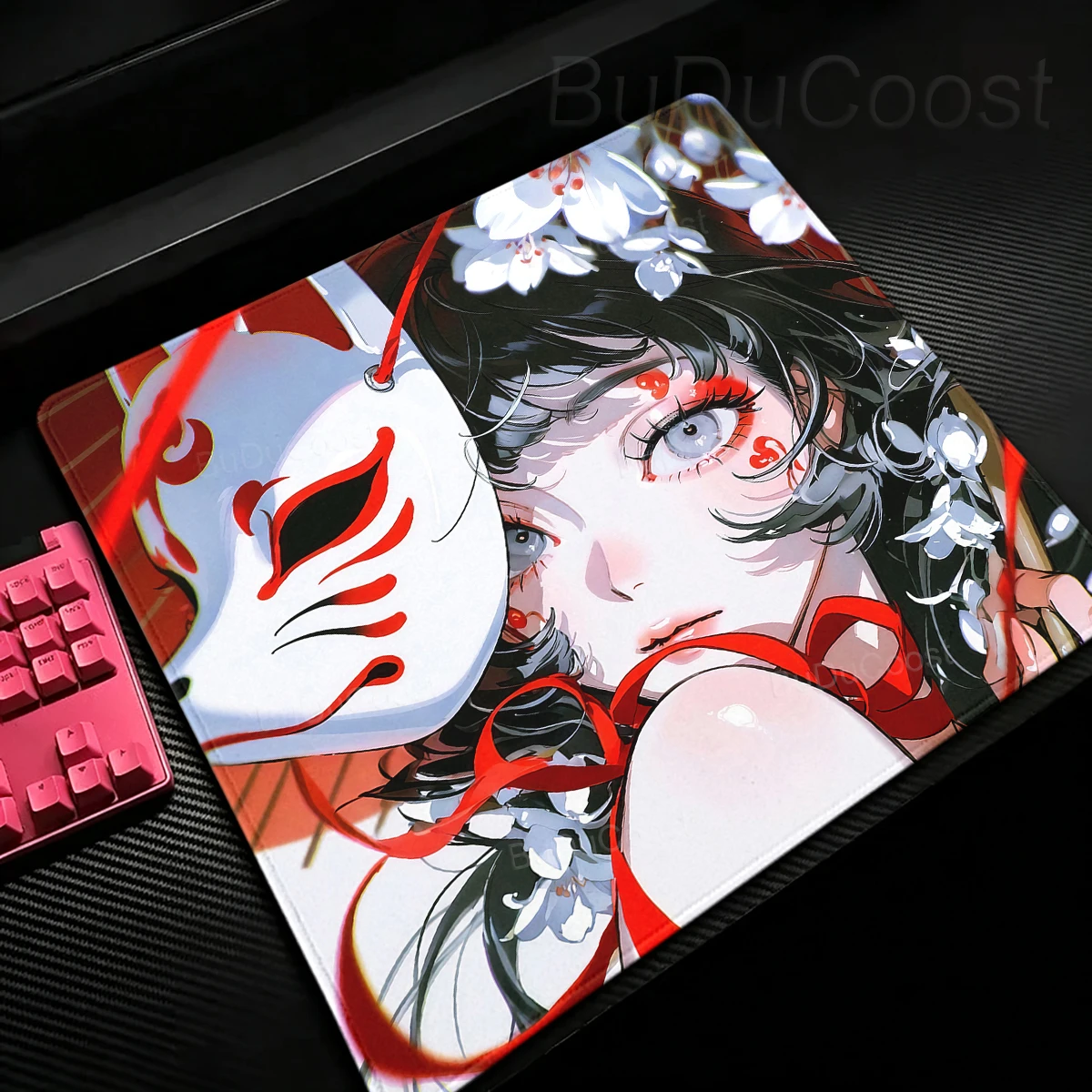 Small Anime Mouse Pad Fox Oni Mask Girl Premium Deskmat Game Professional E-Sports Mousepad Rubber Non-slip PC Keyboard Pads Rug