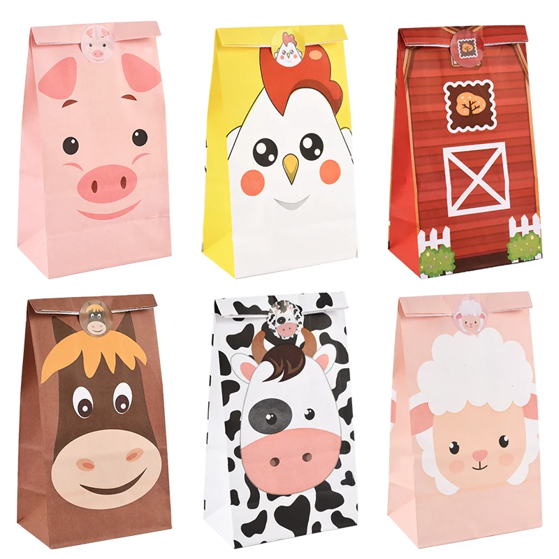 

13pcs Cartoon Animal Candy Bags With Stickers Cow/Pig/Sheep Animals Gift Packaging Bag For Animal Themed Birthday Party Decor